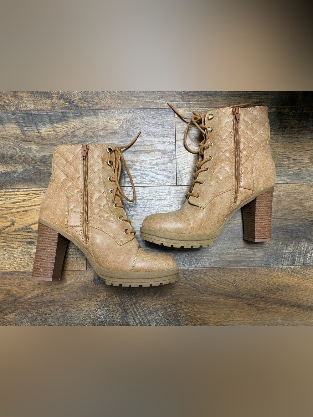 G by Guess Quilted Lace-Up Heeled Ankle Boots in Tan